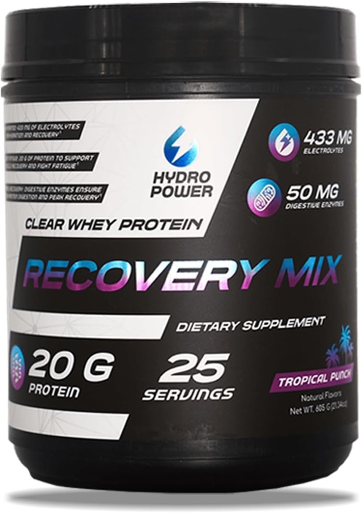 Hydro Power Clear Whey Protein Recovery Mix - Tropical Punch Flavor - 433mg Electrolytes & 20g Protein - Carburant Performance & Recovery - Supplément alimentaire pour les hommes et les femmes - 25 portions