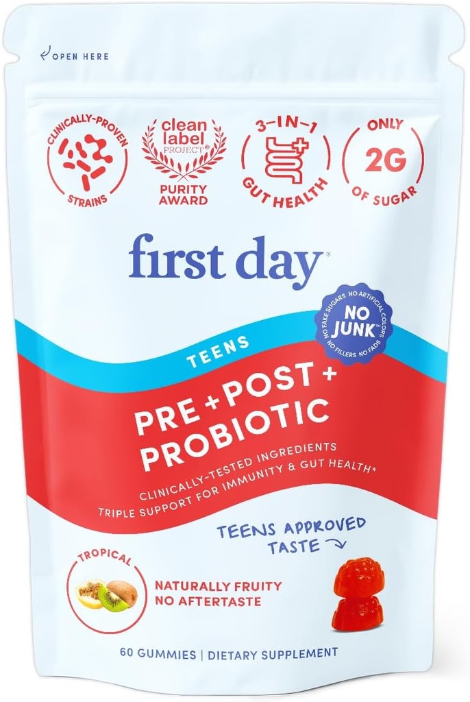 Premier jour Adolescents : 3-en-1 Suppléments prébiotiques, probiotiques et postbiotiques – Soutient la santé digestive, cutanée, orale et immunitaire, l'absorption et la croissance des nutriments – 30 jours