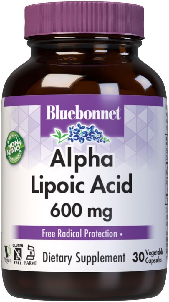 BlueBonnet Alpha acide lipoïque 600mg - puissant supplément de soutien antioxydant pour les femmes et les hommes - Non-OGM, végétalien, casher - sans gluten, sans soja, sans lait - 60 capsules végétales