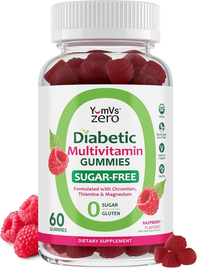 Multivitamine YUM-V pour les femmes et les hommes – Gommies multivitamines sans sucre – Gommy Zéro sucre avec chrome, Thiamine et Magnésium – Gommy vitaminique quotidienne amicale kéto – Flaveur de framboises naturelles – Compte 60