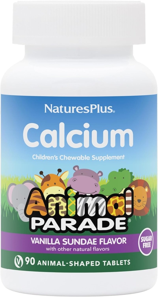 NaturesPlus Animal Parade Sugar-Free Children's Calcium, Vanilla Sundae Flavor - 90 Chewable Animal Shaped Tablets - Magnesium for Bone Health - Gluten Free - 45 Servings