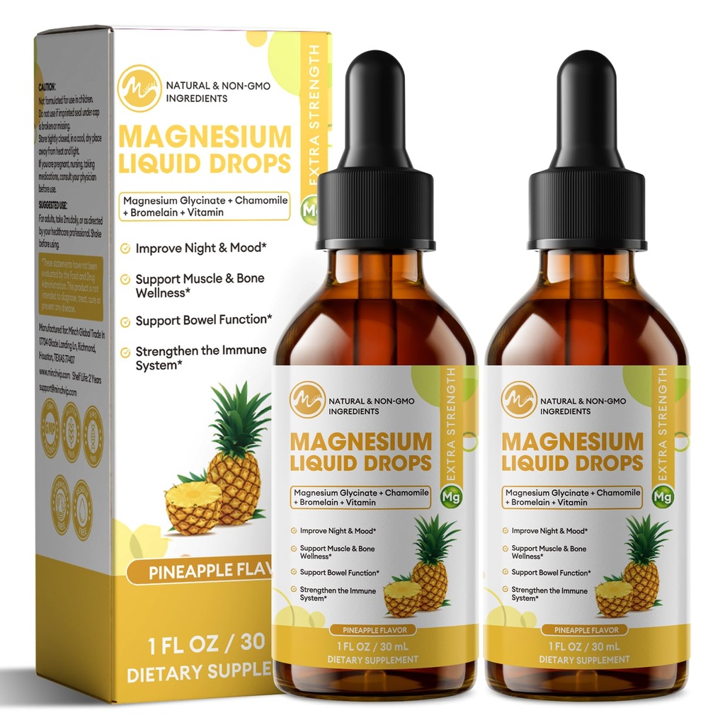 M inch Magnésium Glycinat liquide, haute absorption Magnésium gouttes liquides avec fibre de cellulose, Bromelain, vitamine B6, C, D, Zinc, supplément de magnésium pour les enfants et les adultes, ananas, 2 pack