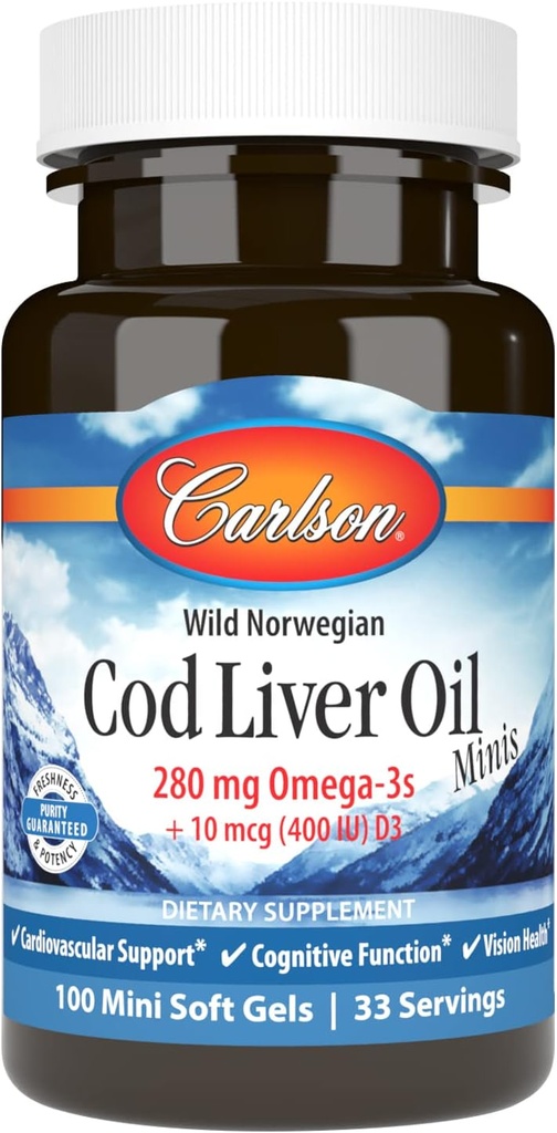 Carlson - Huile de foie de morue Minis, 280 mg Oméga-3s + Vitamines A et D3, Norvégien, Prise sauvage, Source durable, 100 Mini Softgels