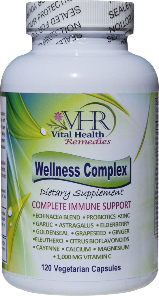 VHR Wellness Complex Immune Boosting Formula with Echinacea, Goldenseal, Ail, Probiotiques, Elderberry, Astragalus, Graines, Cayenne, Bioflavonoïdes, Eleuthero, Ginger, VIT. C, Zinc. 120 Veg caps