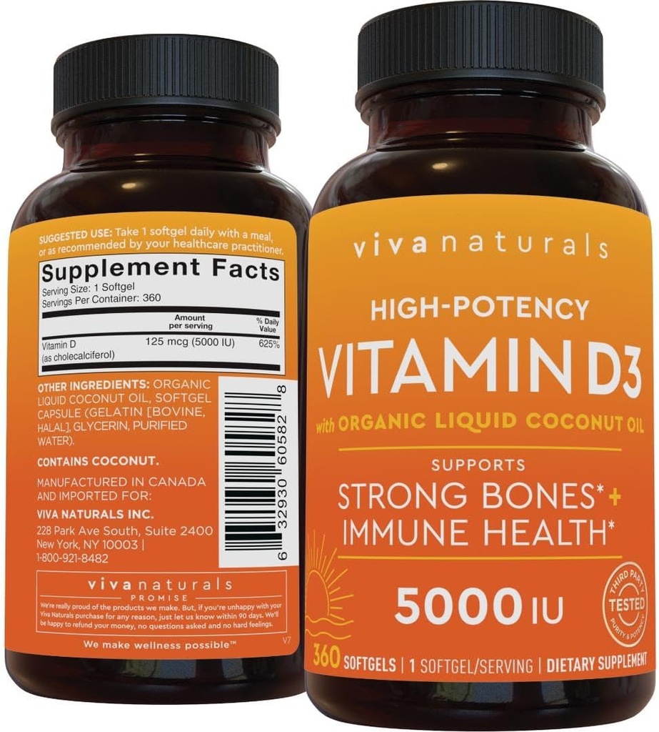Viva Naturals Vitamine D3 5000 UI Softgels, 360 Compte (125 mcg), soutient la santé osseuse et immunitaire, haute puissance Vitamine D