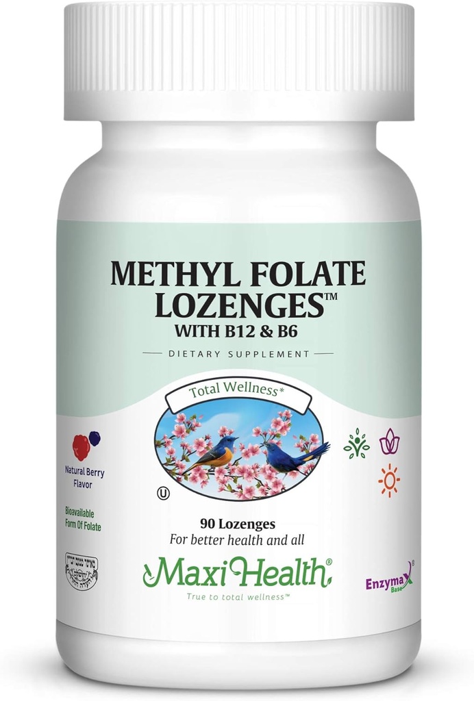 Maxi Health Methyl Folate Lozenges avec B12 & B6, Mémoire aromatisée, Santé cardiovasculaire Hormone et Immunissance Support Sans gluten, Berry Kosher, 90 Compte