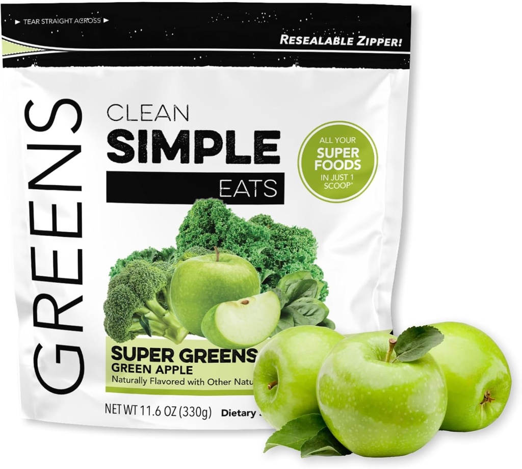 Nettoyer les aliments simples Super Greens Poudre, naturellement aromatisé Greens Poudre avec Chlorella, Spiruline, Superfoods et fibre prébiotique, Pas d'ingrédients artificiels, sans gluten, saveur de pomme verte, 30 portions