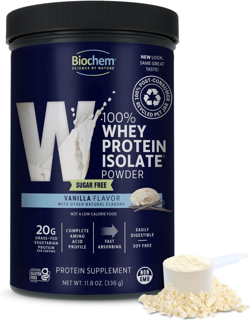 Biochem 100% Whey Vanille sans sucre 20g, 11.8oz, Végétarien certifié, sans gluten certifié, certifié non-OGM testé, Keto amical, gazon