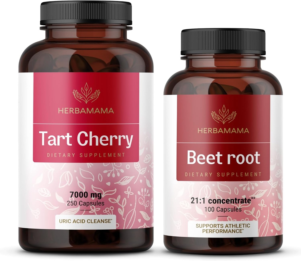 HerbAMAMA Tart Cherry and Beet Root Kit - Ensemble de 7000 mg Tart Cherry & 21:1 Capsules de racine de betterave concentrée - Vegan, non-OGM, sans gélatine - 2 Pack