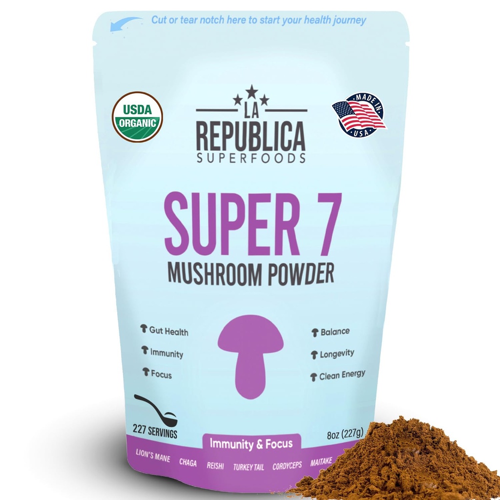 La Republica Superfood Super 7 Poudre d'extrait de champignons, comprend la Mane du lion, Reishi, Chaga, Cordyceps, Shiitake, Maitake et la queue de dinde (8 oz)