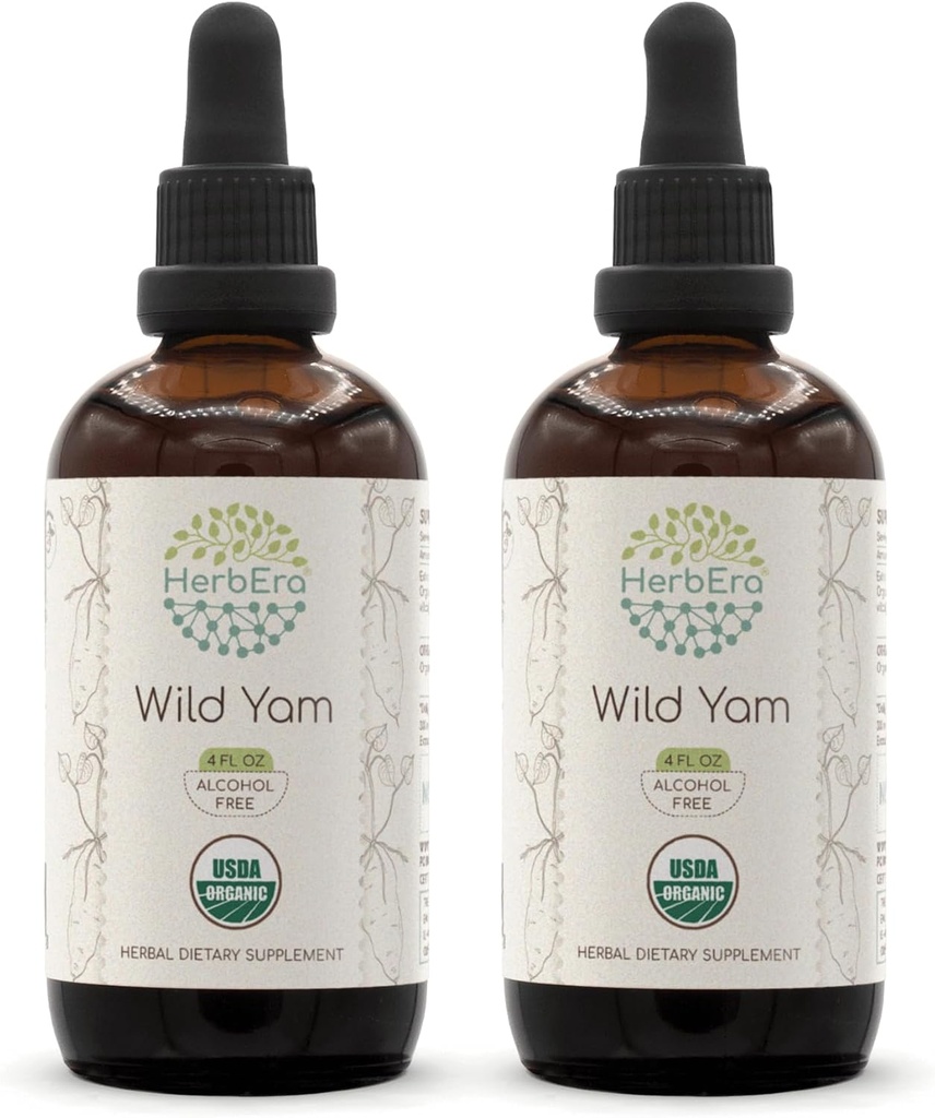 HerbEra Wild Yam B120 (2pcs) Sans alcool USDA Extrait de plantes organiques Teinture, gouttes de liquide concentré Yam sauvage naturel (Dioscorea Villosa) Racine séchée (2x4 fl oz)