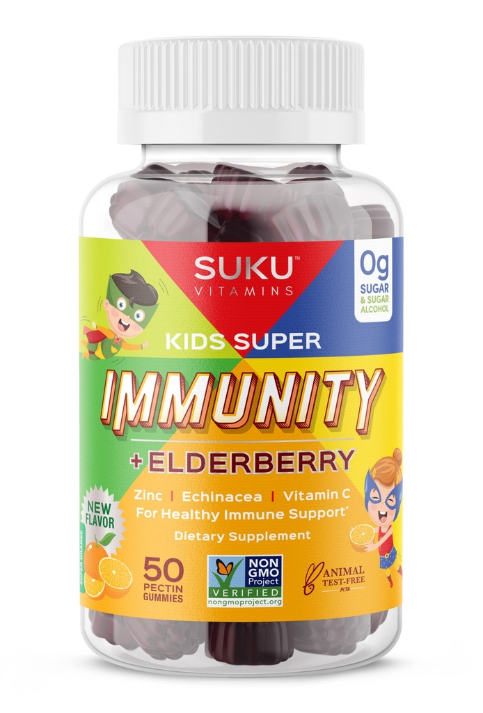 Vitamines SUKU - Immunity Super pour enfants - Elderberry, Echinacea, Vitamine A et Zinc Gommies pour le soutien immunitaire - Facile à mâcher - Non OGM, sans sucre gluten - Lime de grenade Vitamines Gommy, 50 Compte