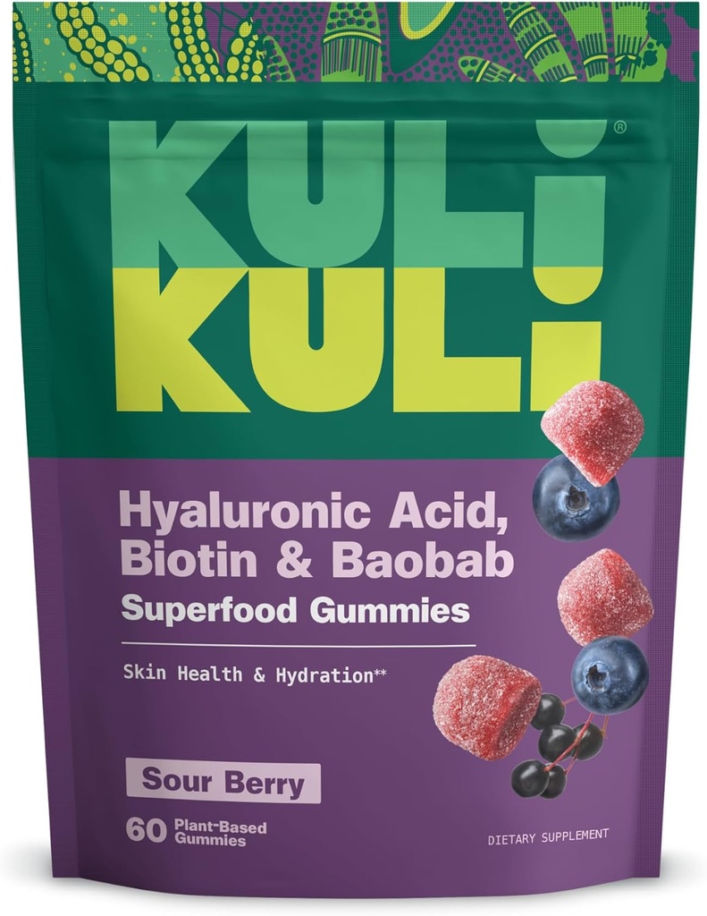 Kuli Kuli Super Gummies - Suppléments pour la peau avec Baobab, Elderberry et Biotin - Aide à soutenir la santé de la peau - 60 Gummies sans OGM, sans gluten