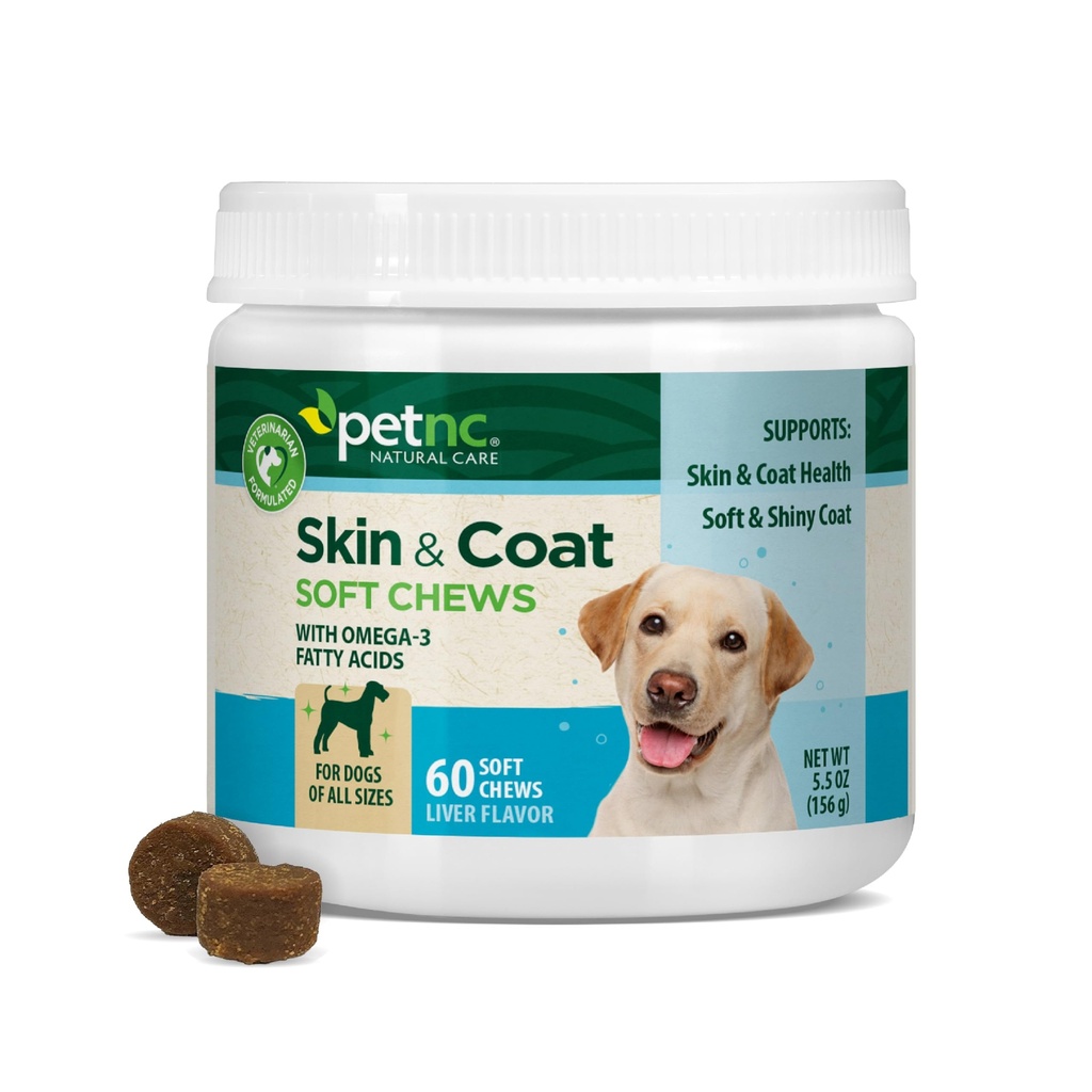 Petnc Natural Care Dog Skin and Coat Supplement (60 Chewables), avec Omega 3, EPA & DHA, favorise la santé de la peau et le manteau brillant, pour les chiens 18 semaines et plus, foie saveur