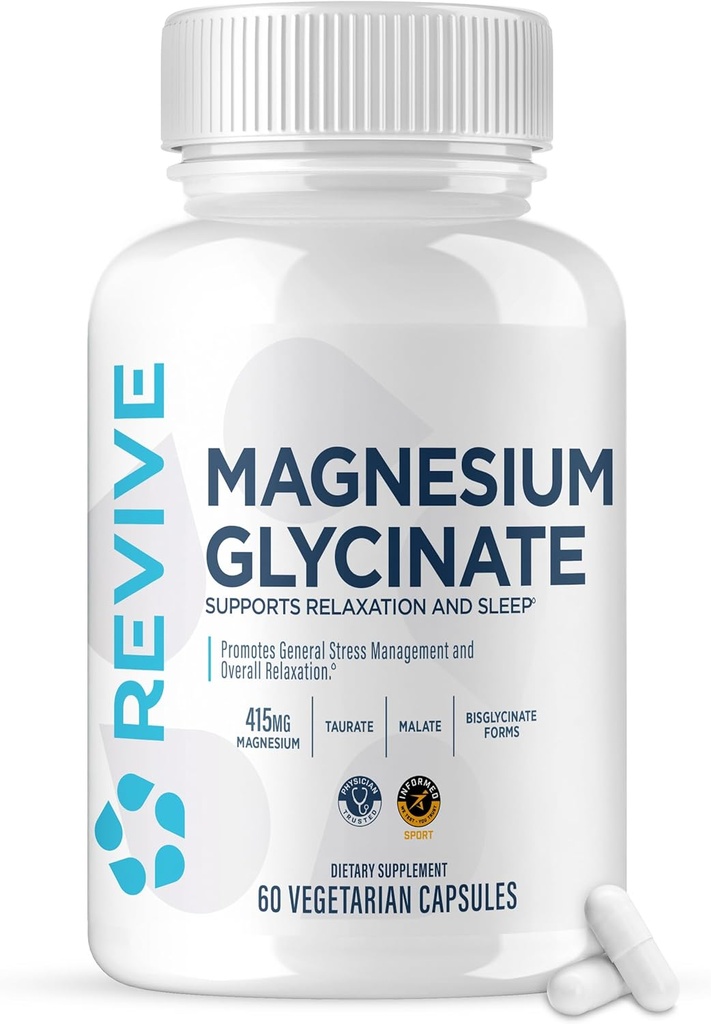Revive MD Glycinate de magnésium pur 200mg – Supplément d'absorption élevée pour la relaxation, le soulagement du stress, le sommeil et le soutien de la mémoire – favorise les os forts, la fonction nerveuse et musculaire saine (60servis)