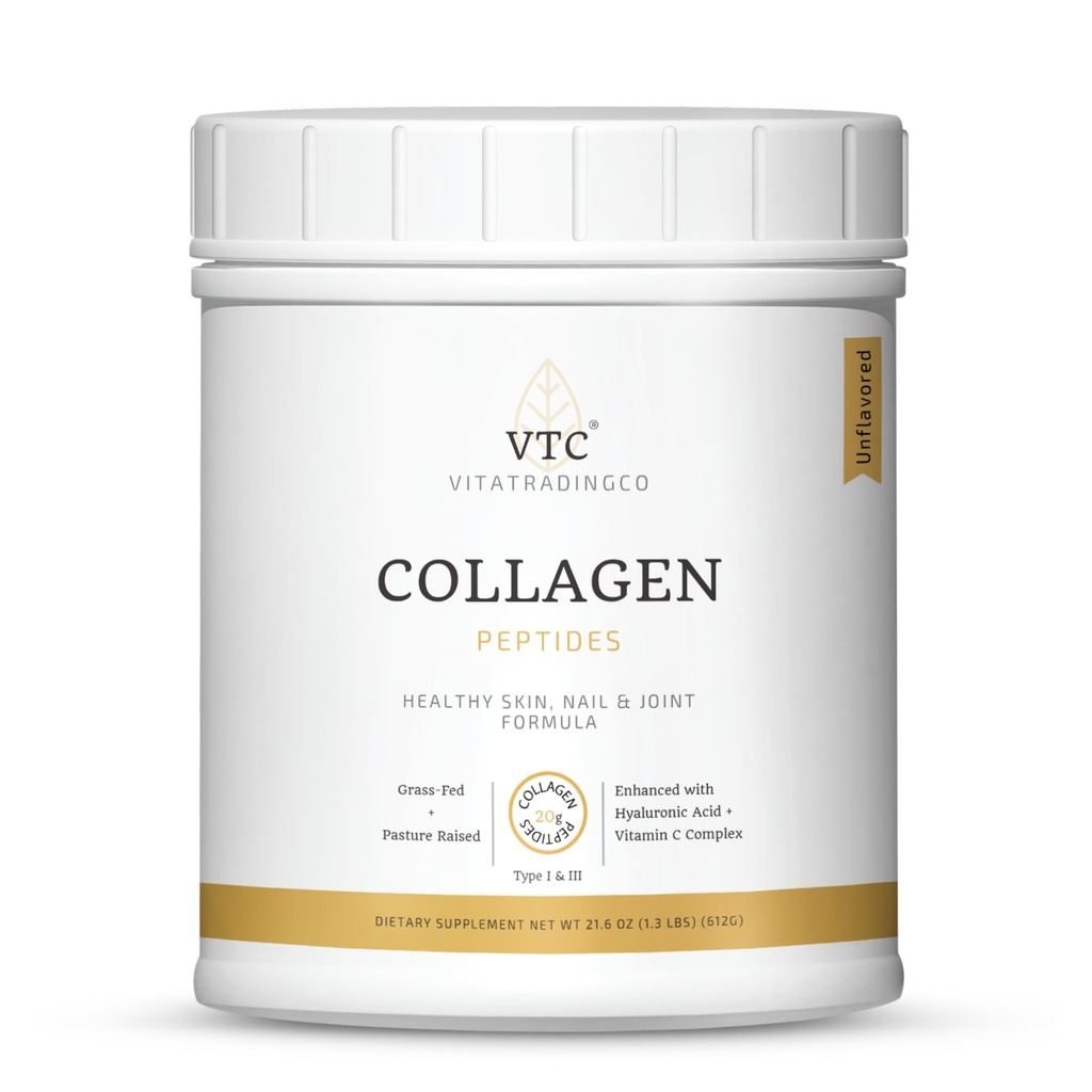 VTC VitaTradingCo. Poudre de peptides de collagène à l'herbe de type I et III (Acide hyaluronique et vitamine C)