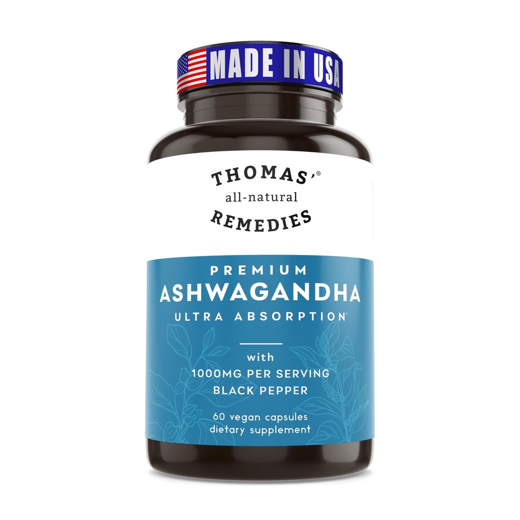 Thomas' all-natural Remedies Organic Ashwagandha Stress Support Supplément, Mood & Energy Support, Pure Ashwagandha 1000mg, Ultra Absorption avec Pepper Noir, Vegan, Pas de remplissage