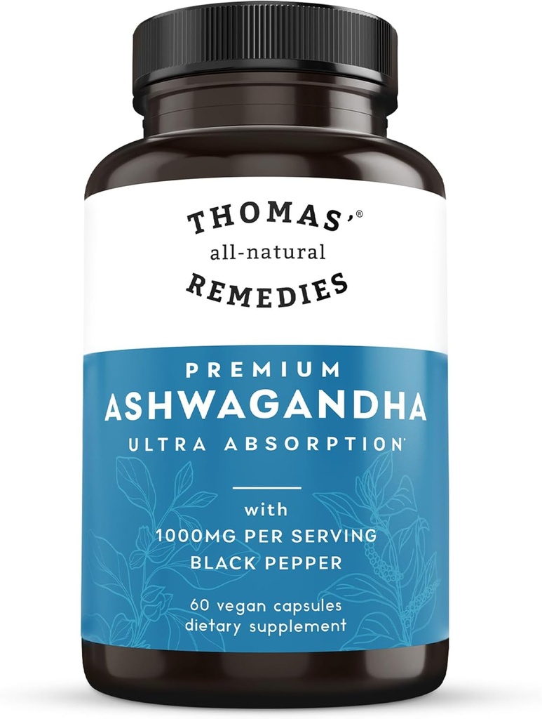 Thomas' all-natural Remedies Organic Ashwagandha Stress Support Supplément, Mood & Energy Support, Pure Ashwagandha 1000mg, Ultra Absorption avec Pepper Noir, Vegan, Pas de remplissage