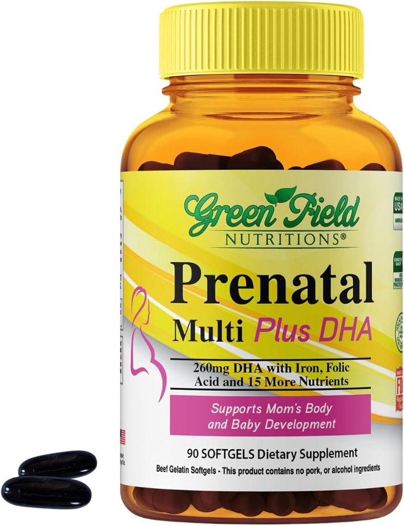 Greenfield Nutritions Vitamines prénatales halales avec ADH et acide folique - Grossesse prénatale essentielle Multivitamine avec fer - Contient 17 vitamines pour maman à être - Facile à avaler 90 Softgels liquides