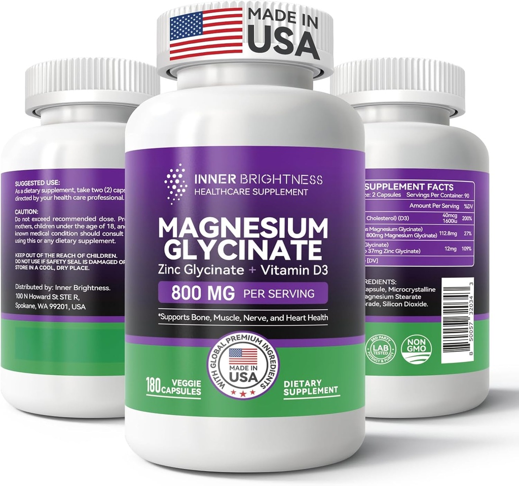 Glycinat de magnésium - Supplément de magnésium avec du zinc et de la vitamine D3 pour le sommeil, l'immunité, le os et les muscles et la santé cardiaque - Non-OGM, sans gluten, doux sur l'estomac - 180 capsules végétariennes