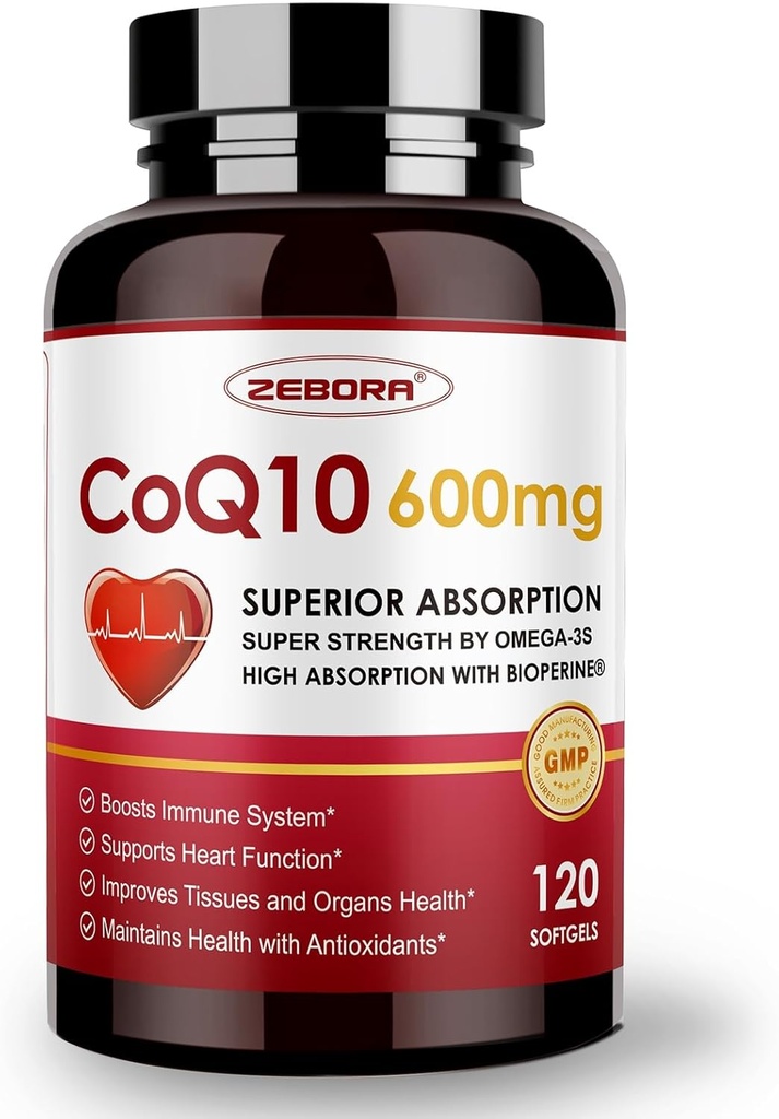 CoQ10-600mg-Softgels - Coenzyme extra-forte Q10 avec PQQ, Omega-3 et BioPerine - Suppléments à haute absorption CoQ10 Antioxydant (Ubiquinone) pour la santé cardiaque et la production d'énergie, 120 Softgels
