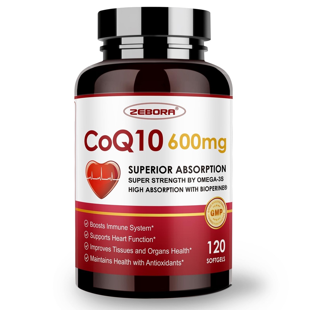 ZEBORA CoQ10-600mg-Softgels - Coenzyme extra-forte Q10 avec PQQ, Omega-3 et BioPerine - Suppléments à haute absorption CoQ10 Antioxydant (Ubiquinone) pour la santé cardiaque et la production d'énergie, 120 Softgels