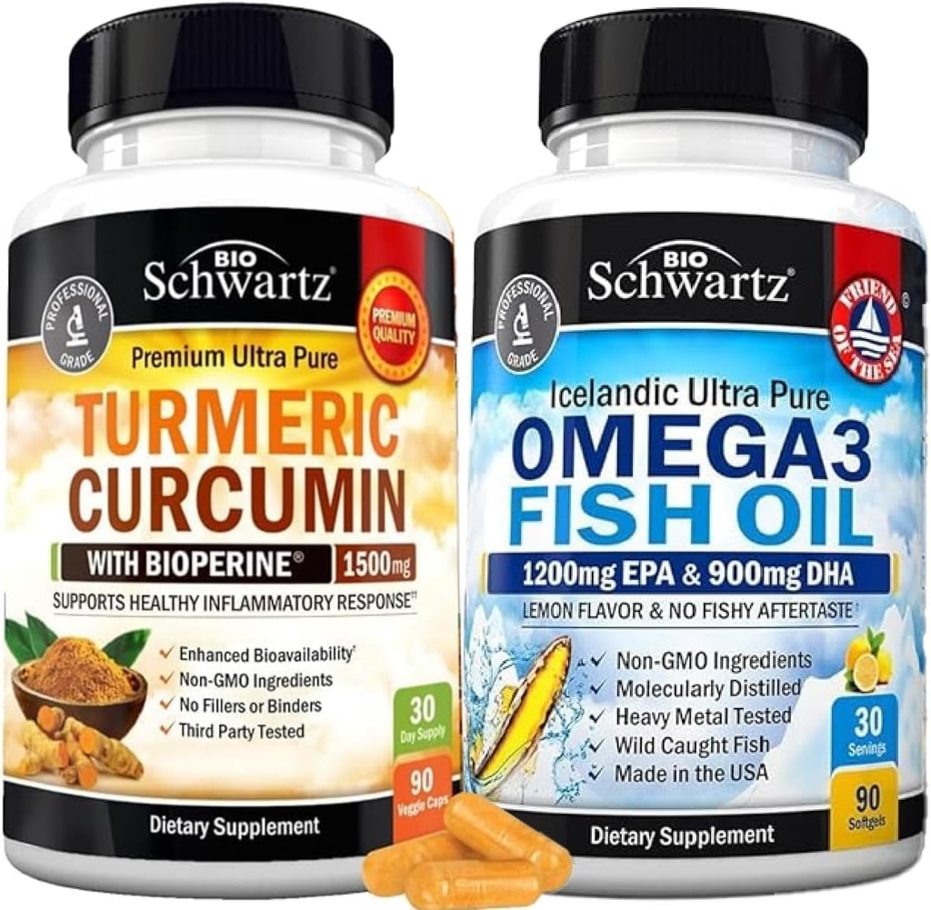 Triple force Omega 3 huile de poisson softgels (1 mois d'approvisionnement) Plus curcumine curcumine avec extrait de poivre noir 1500mg complexe (Trial Size)