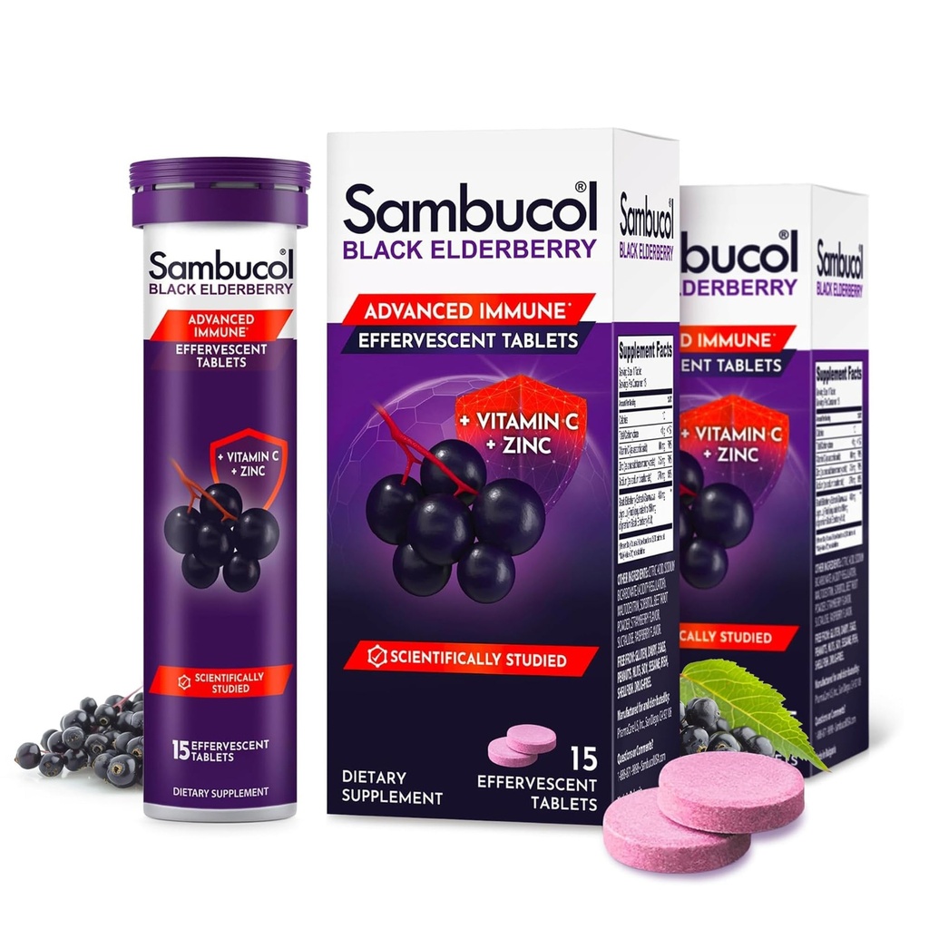 Comprimés d'aileron noir de Sambucol avec vitamine C et zinc - supplément de soutien immunitaire, aileron noir avec zinc et vitamine C comprimés effervescents, antioxydants élevés, buvez des fizzies- 30 Compte