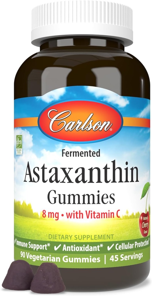Carlson - Gummies d'astaxanthine, avec vitamine C, soutien immunitaire, antioxydant, santé cardiaque, non-OGM, saveur de cerise, 90 Gummies végétariennes
