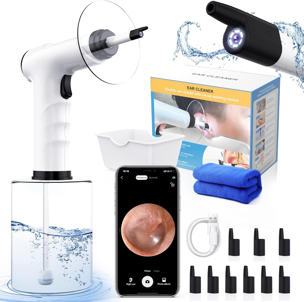 Enlèvement de la cire d'oreille, Kit de nettoyage de l'oreille, Nettoyeur d'oreille alimenté par l'eau avec 3 modes de pression 12 Conseils de remplacement, Système d'arrosage d'oreille, outil de suppression de la cire d'oreille sûre et efficace (noir)