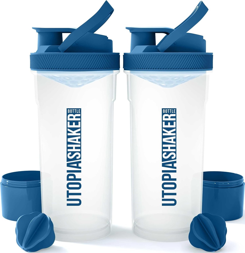 Utopia Home Shaker Bouteille 2 Pack - 24 Ounce Plastic Protein or Cocktail Shaker Bouteille pour pré-entraînement et post-entraînement avec Twist & Lock Protein Box Storage (Clear/Navy)