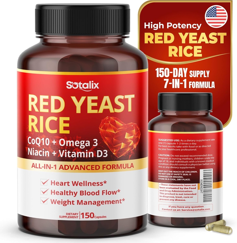 Ultra Red Yeast Rice with CoQ10, Omega 3 Niacin, Vitamin D3 for Overall Well-Being, Immune System Support - USA Made & Tested (150 Count (Pack of 1))