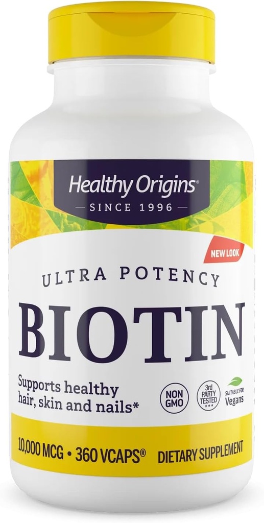 Origines saines Biotine 10 000 mcg (classe de l'USP, non-OGM, sans gluten, soutien des cheveux, soutien des ongles), 360 capsules végétatives