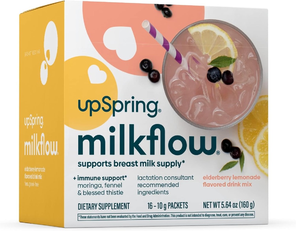 UpSprring Milkflow Immune Support Allaitement Supplément Boissons Mix Fenugreek-Free, Moringa Elderberry Limoade Flavor, Supplément d'allaitement pour soutenir l'approvisionnement en lait maternel, 16 Mixes
