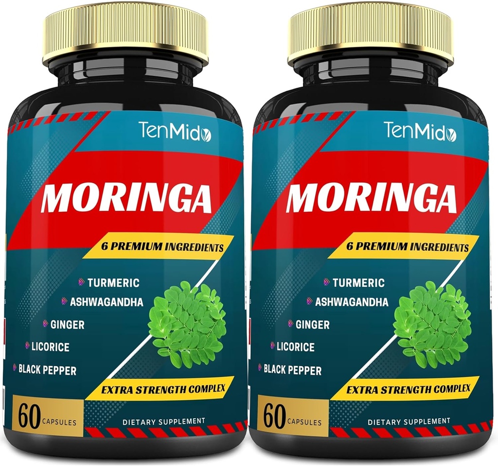 2 Packs Moringa Capsules, 4 Mois d'approvisionnement avec Turmeric, Ashwagandha, Ginger, réglisse, Black Pepper.