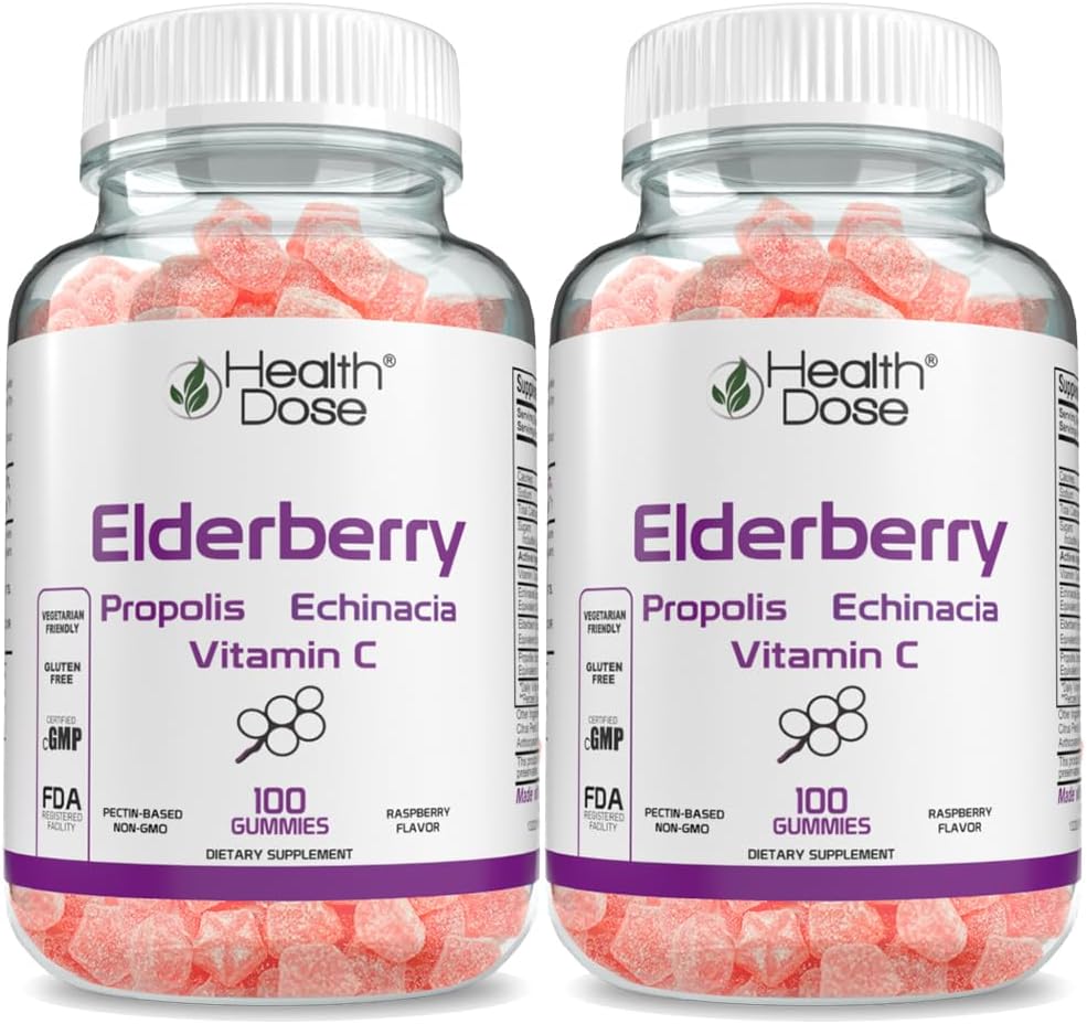 Health Dose Elderberry Sambucus Gummy Vitamines Enfants 100 Gummies. avec Extrait de propolis, Echinacea, Vitamine C, Miamy Raspberry Flavor, Vegan, Sans gluten, Défense, Immune Support Booster. Boîte de 2