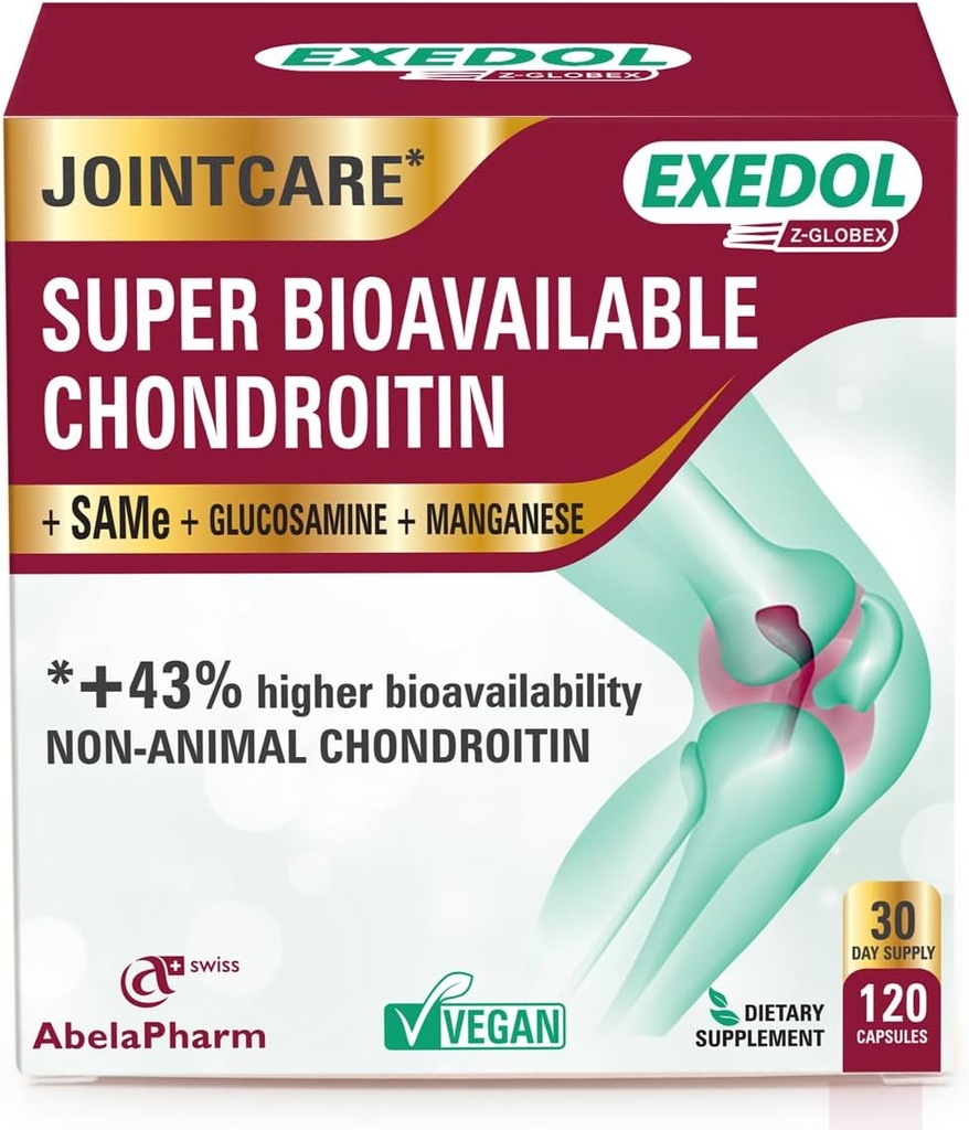 Exedol Biodisponible Glucosamine Chondroïtine, Supplément de soutien conjoint végétalien pour la fonction articulaire améliorée, santé du cartilage, tissus conjonctifs et santé des os - 120 capsules