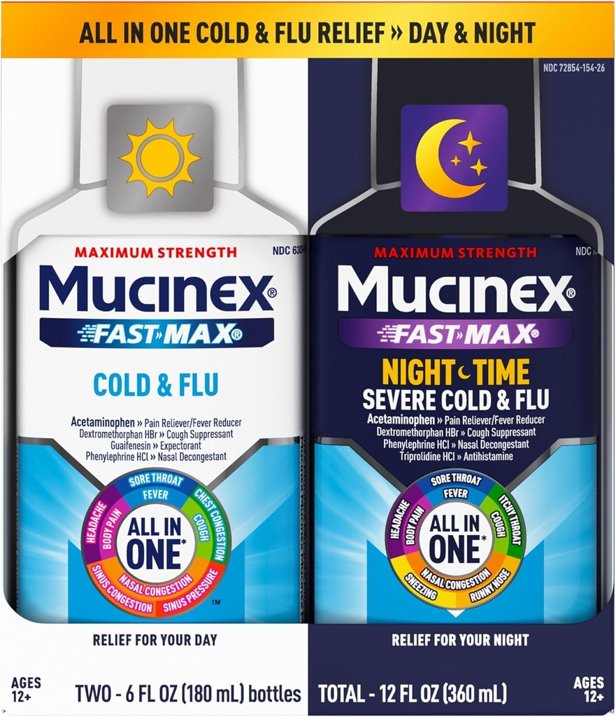 Mucinex Fast-Max Froide et Grippe & Nightshift Medicine pour les adultes, Pack de Combo Médicament sur-le-Counter pour le soulagement de la gorge irritée, Cognestant, Toux et Médecine froide (2 x 6 Fl Oz)
