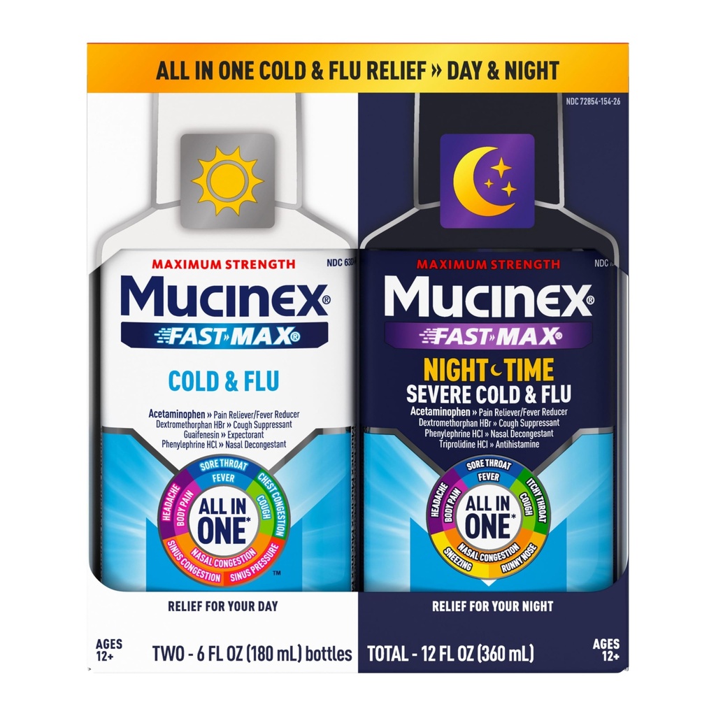 Mucinex Fast-Max Froide et Grippe & Nightshift Medicine pour les adultes, Pack de Combo Médicament sur-le-Counter pour le soulagement de la gorge irritée, Cognestant, Toux et Médecine froide (2 x 6 Fl Oz)
