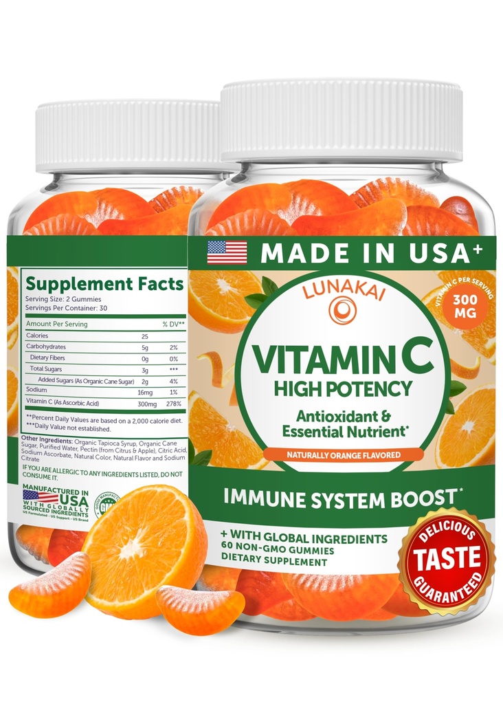 Lunakai États-Unis fait haute puissance vitamine C Gummies pour les adultes et les enfants - 300mg Immune Support - Non-OGM, végétalien, délicieuse saveur orange, 60ct