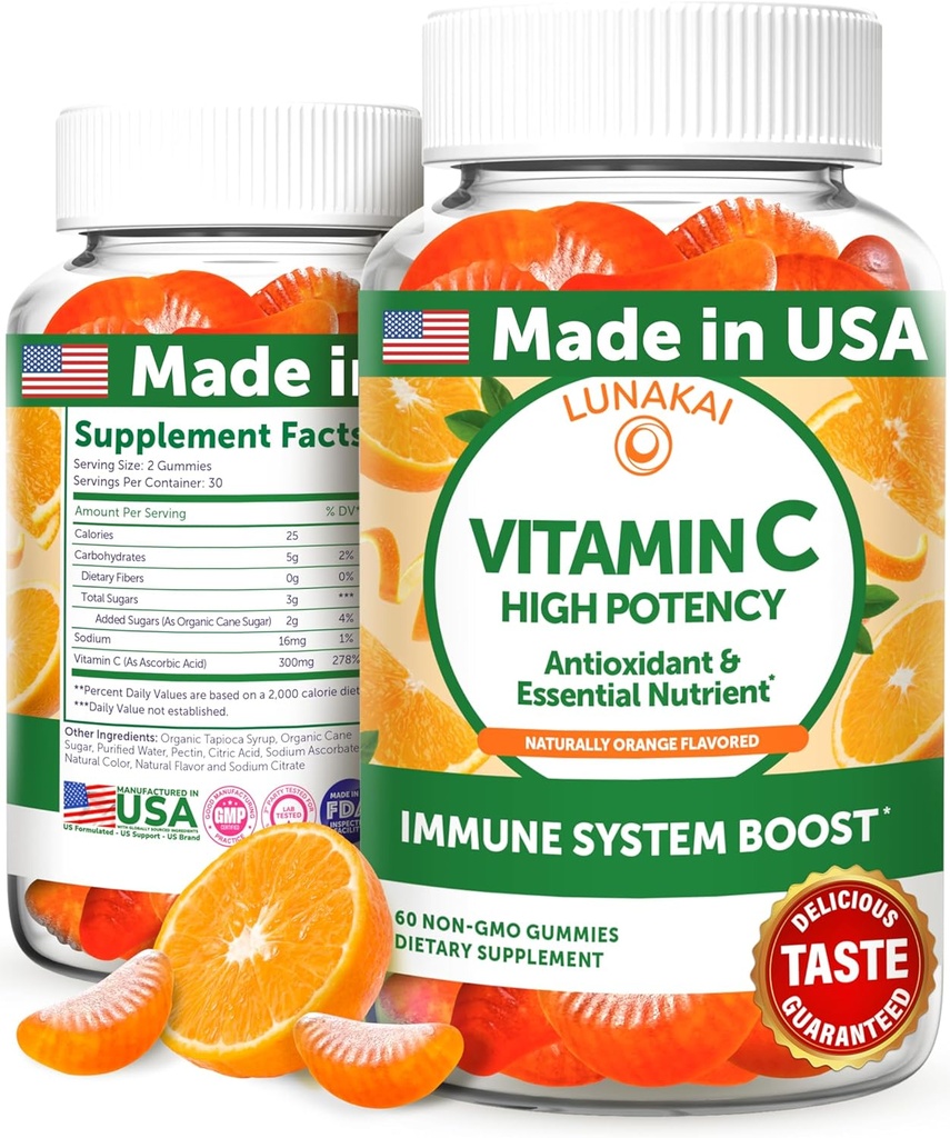 Lunakai États-Unis fait haute puissance vitamine C Gummies pour les adultes et les enfants - 300mg Immune Support - Non-OGM, végétalien, délicieuse saveur orange, 60ct