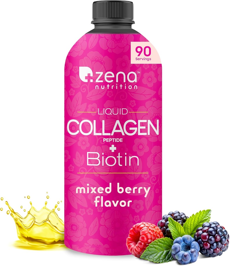 Zena Nutrition Peptides de collagène liquide et biotine, 2500mg Verisol Peptides de collagène bioactif, 5000mcg Biotine, cheveux, peau, supplément de ongles pour les femmes et les hommes, baie mixte, 90 portions, 30 fl oz