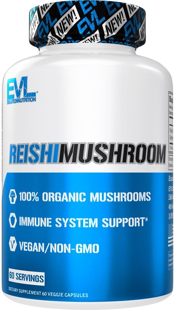 Evlution Nutrition Champignon Reishi - Système immunitaire et soutien sanitaire - Supplément de champignons 500mg - 100% biologique, végétalien et non-OGM - 60 portions