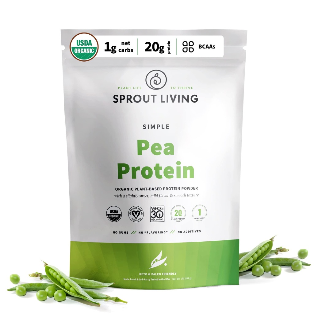 Poudre de protéines organiques vivantes de pois, non aromatisée, 20 grammes de poudre de protéines organiques à base végétale sans édulcorants artificiels, non laitiers, non OGM, végétalien, sans gluten (1 livre, 19 portions)