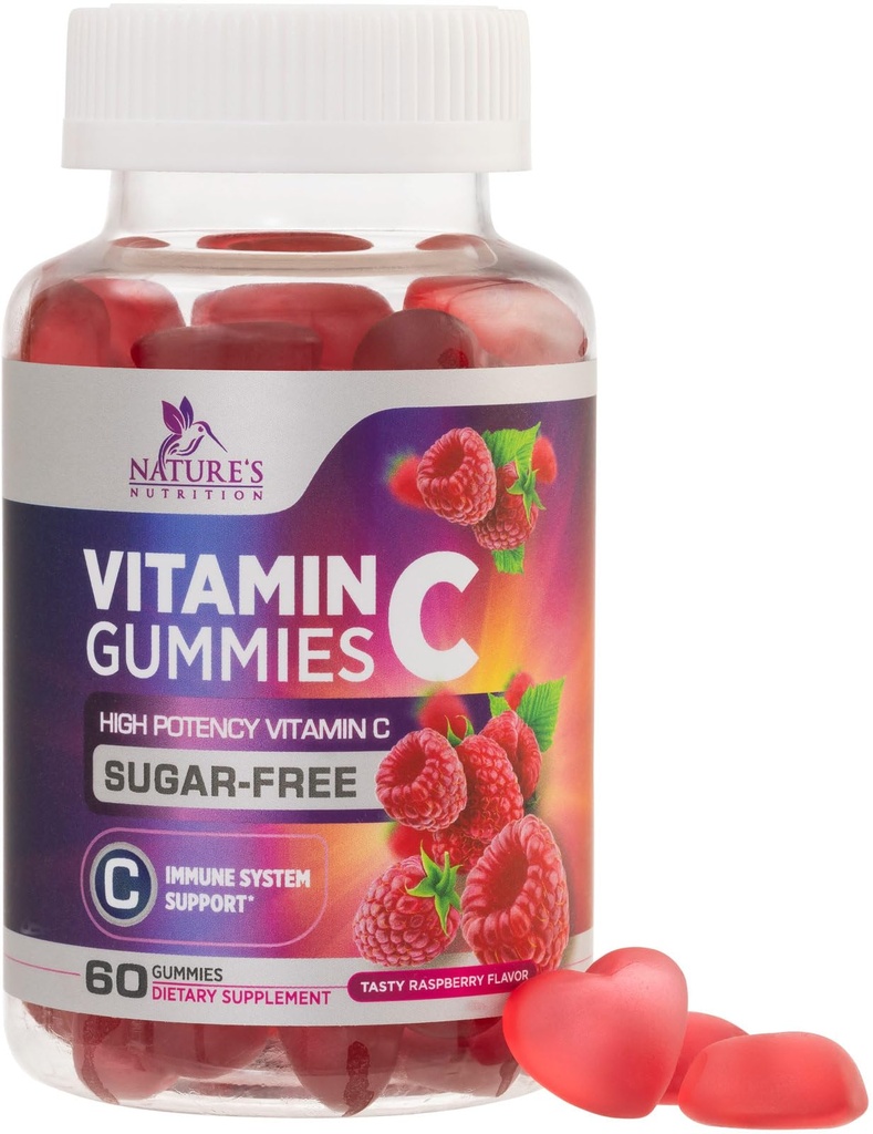 Gommies sans sucre de vitamine C - Soutien immunitaire et supplément alimentaire contre la vitamine C - Végétaux, non-OGM, produits laitiers et sans gluten Gommy vitamine C - Flaveur de framboises pour les enfants et les adultes - 60 Gommies de comte