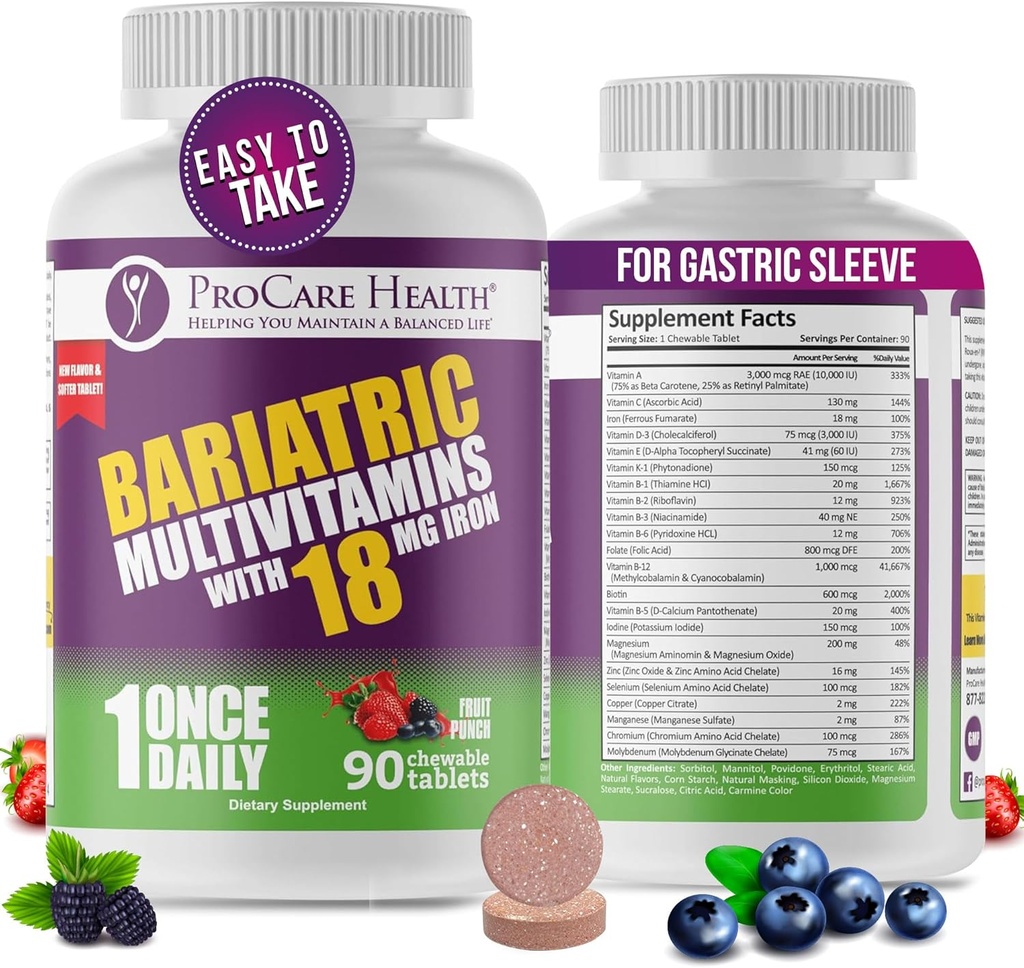 Multivitamine à croustilles bariatriques de santé ProCare avec fer 18mg (90 comprimés) - Flaveur de punch de fruits - pour les patients gastriques de passage et gastrectomie des manches* (3 mois)
