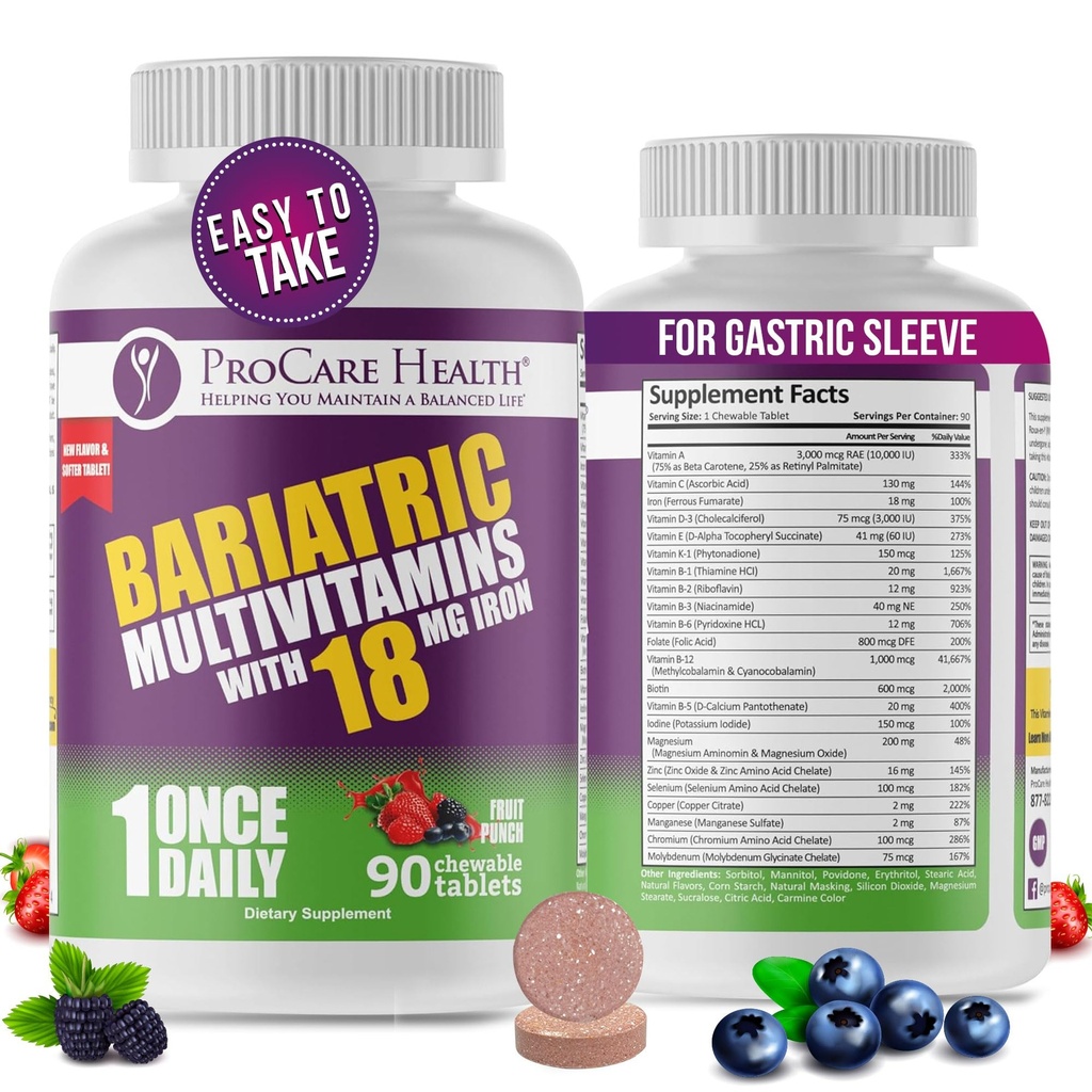 Multivitamine à croustilles bariatriques de santé ProCare avec fer 18mg (90 comprimés) - Flaveur de punch de fruits - pour les patients gastriques de passage et gastrectomie des manches* (3 mois)