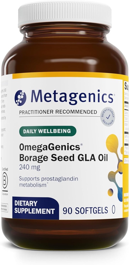 Métagène OmegaGenics Huile de graines de Borage GLA 240 mg - Haute puissance - Supplément acide gamma-linolénique (GLA) - Avec huile de graines de Borage et vitamine E - Sans gluten - 90 Softgels