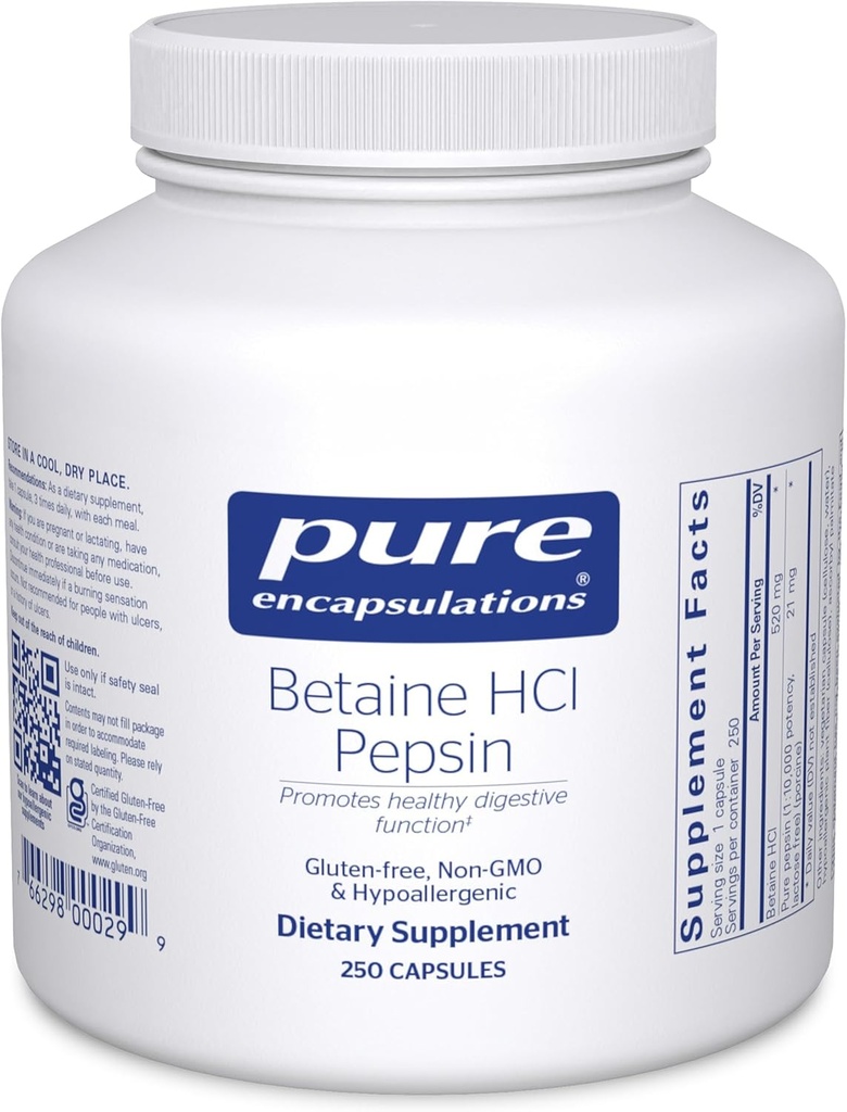 Pure Encapsulations Betaine HCl Pepsin - Digestive Enzymes Supplement for Digestion Aid & Support, Stomach Acid & Nutrient Absorption* - with Betaine HCl Pepsin - 250 Capsules