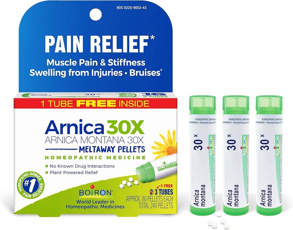 Boiron Arnica Montana 30X Médecine homéopathique pour soulager de la douleur musculaire, de la raideur musculaire, de l'enflure des lésions et de la décoloration des ecchymoses - 3 comte (240 Pellets)